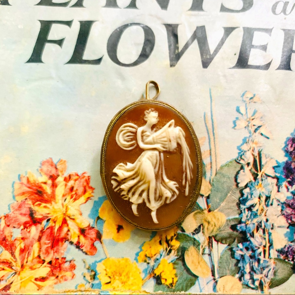 Antique Spirit Guide Angel Cameo Necklace Pendant
